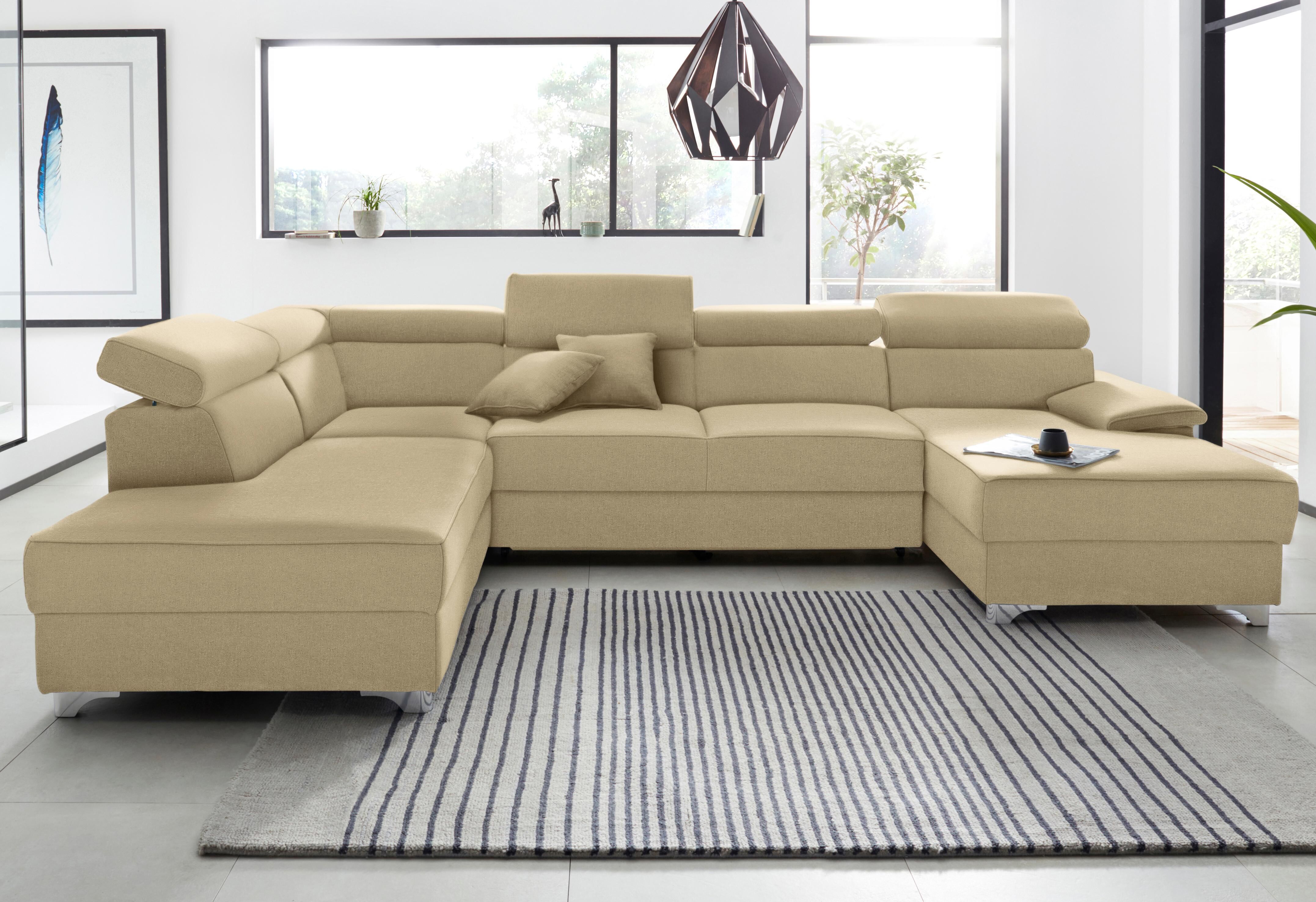 Wohnlandschaft DOMO COLLECTION "Mira, inklusive Kopfteilverstellung für mehr Wohlfühlkomfort, U-Form", beige, B:337cm H:78cm T:230cm, Luxus-Microfaser (92% Polyester, 8% Nylon);Zierkissen: Entsprechend jeweiligem Bezug.;Struktur (100% Polyester);Struktur 