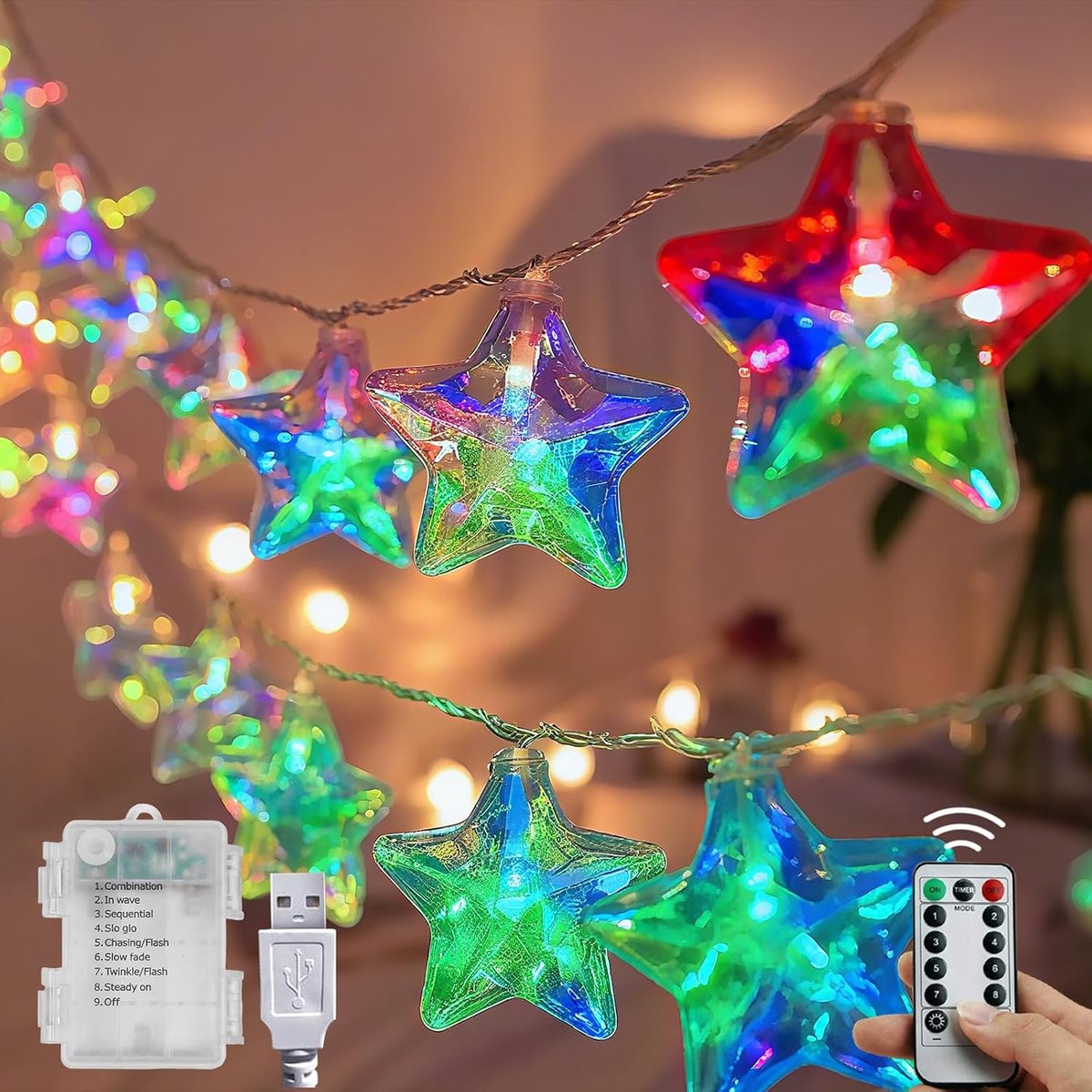SOETDERT Lichtsnoer met sterren, 20 LED warme lichten, 3M, USB/batterijvoeding, waterdicht