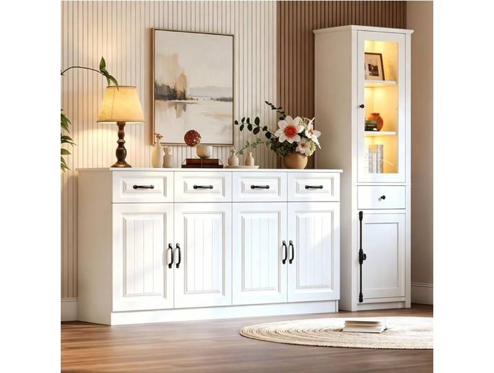 WOVREO Ensemble buffet bas et vitrine haute blanc 5 tiroirs 6 portes LED USB