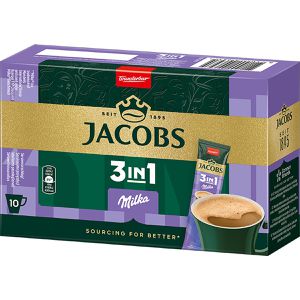 Jacobs Kaffee 3 in 1 Milka, löslicher Kaffee mit Kaffeeweißer & Zucker, 10 Portionssticks
