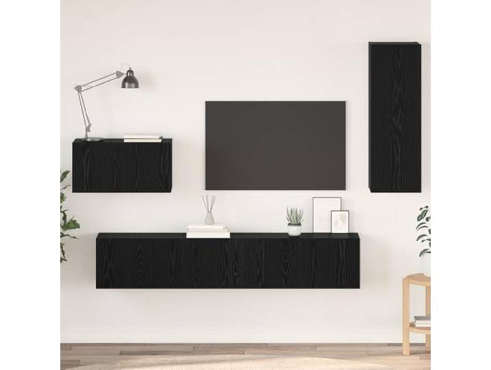 HEFZGDB Wand TV Schrank mit Regal und Tür 4 Stücke Schwarz Eiche Aufbewahrungseinheit Modulares Design Rustikales Finish Holztextur Stauraum Wohnzimmer Organizer