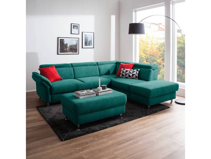 Ecksofa Calang Webstoff Blau/Petrol Webstoff 267 x 97 x 228cm Ottomane davorstehend rechts Bettkasten/Schlaffunktion Modern