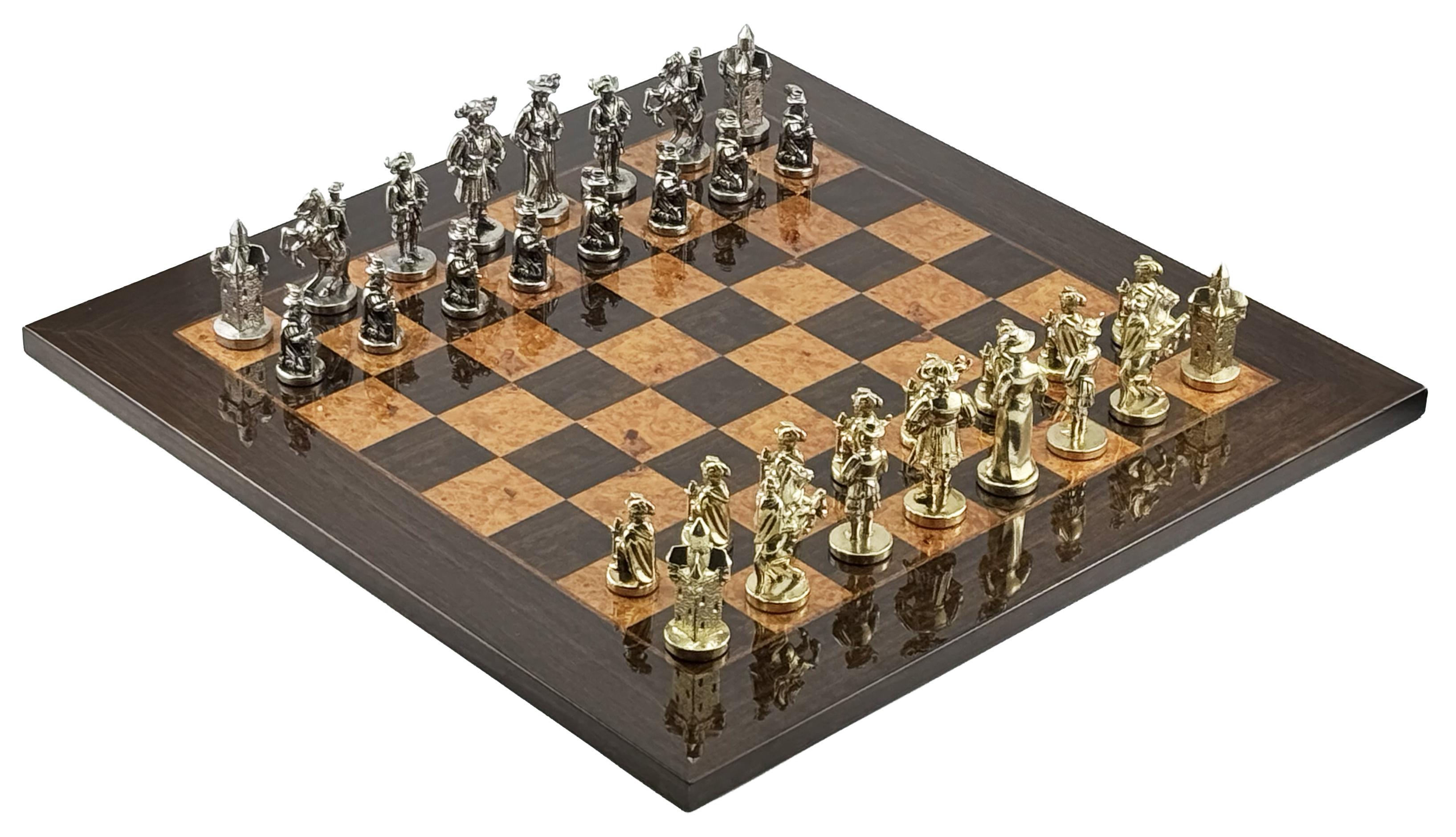 ITALFAMA LUXUS-SCHACHSPIEL: "LENDSKNECHT" - Figuren aus Metall + Brett aus Ahornholz (51 cm)