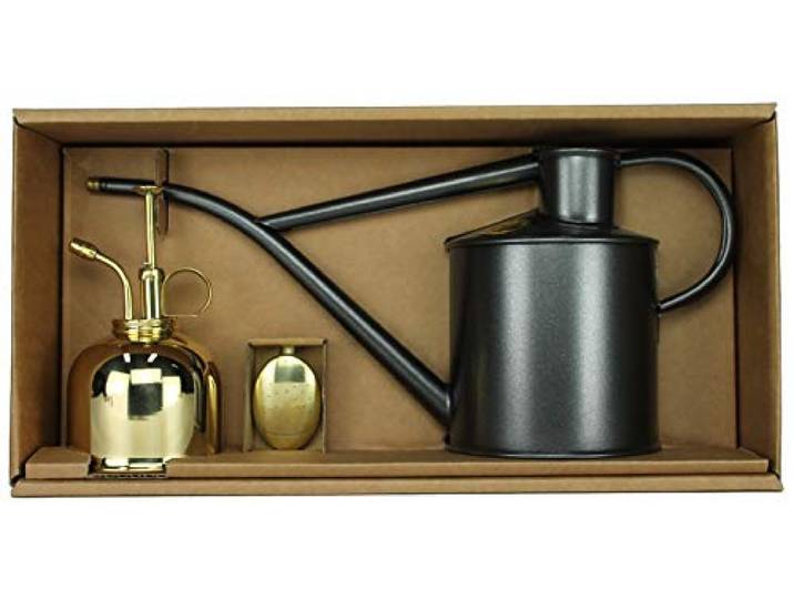 Haws Zimmergießkanne Anthrazit 1 L und Pflanzensprüher Messing 300 ml im Geschenk Set