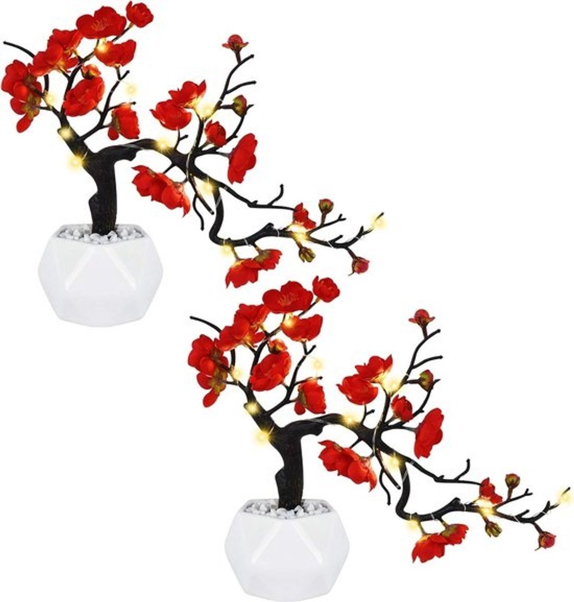 2-Pack Kunstbloemen Pruimenbloesem met Keramische Vaas – Realistische Zijden Bloesem Decoratie
