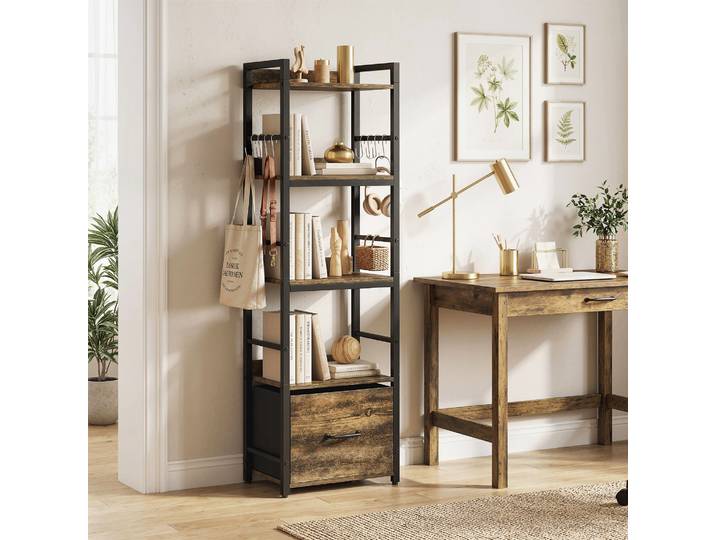 HOMCOM Bibliothèque 4 Niveaux avec Tiroir, Crochets, Brun Rustique