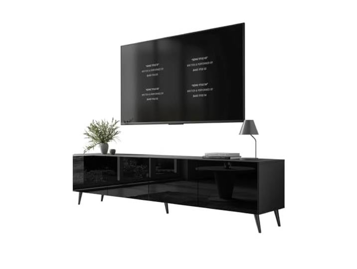 Lookway Moderner TV-Schrank in Schwarz Hochglanz, optional mit LED-Beleuchtung auf schrägen Onyx-Beinen – COLGANTE 200 cm (mit LED Beleuchtung, Beine: Schwarz)