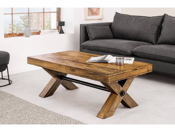 riess-ambiente Couchtisch GOLIATH 110cm natur/schwarz - Pinienholz, Metall, X-Gestell, eckig (Einzelartikel, 1-St), Beistelltisch mit Mittelstange - ideal für Arbeits- und Wohnzimmer