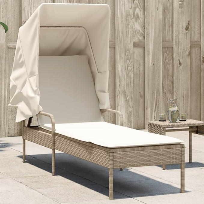 Sonnenliege mit Dach beige Poly Rattan, Gartenliege verstellbar mit Kissen, wetterfest UV-beständig, 200 cm Liegefläche für Garten, Balkon, Terrasse, Pool und Camping