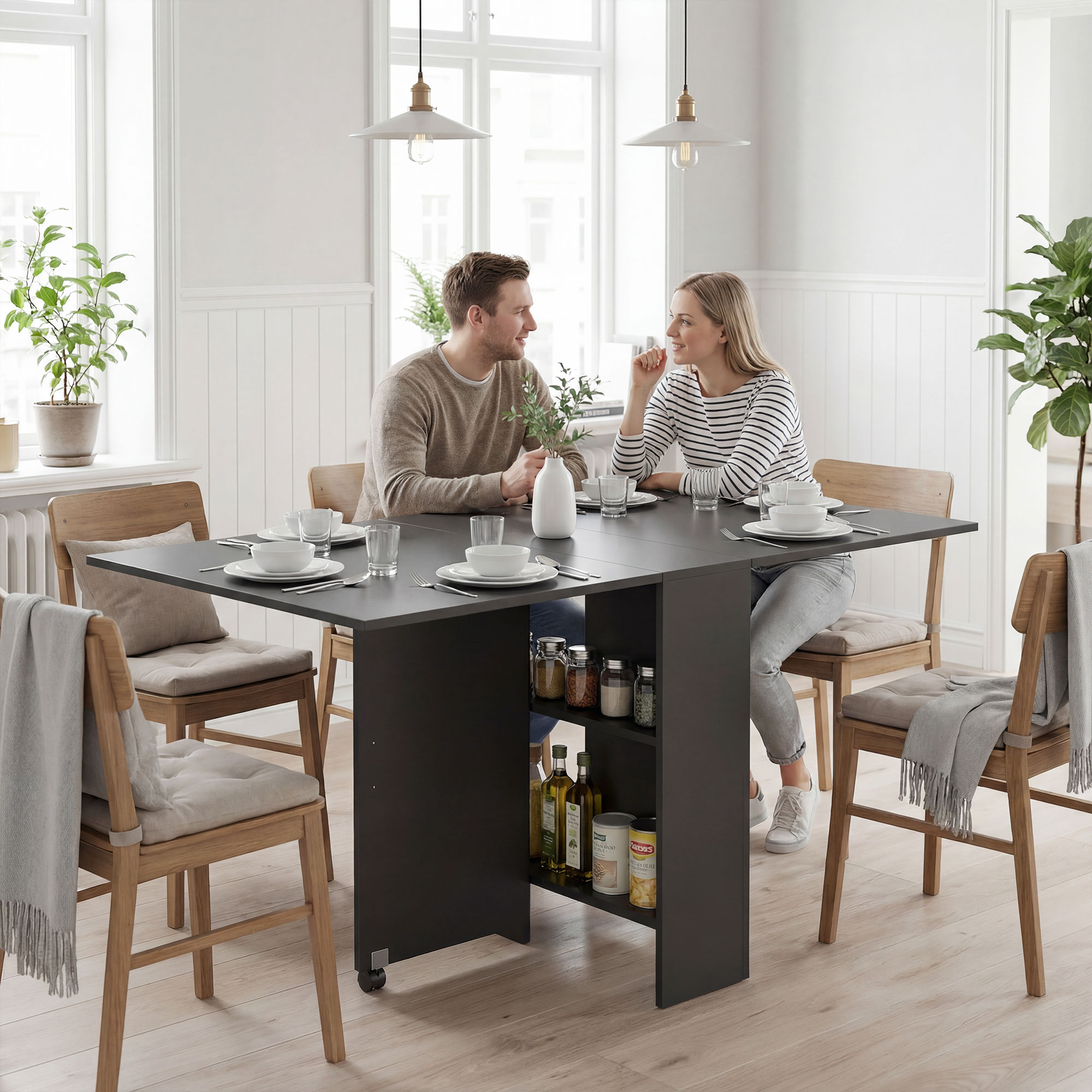Homcom Tavolo Pieghevole Salvaspazio con 2 Ripiani Inferiori in Legno, Tavolo Richiudibile Salvaspazio con Ruote per 6 Persone, 75x140x74cm, Nero   Aosom Italy