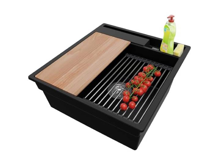 PRIMAGRAN Spülbecken ab 50er Unterschrank + Ablauf-Set, 48x53cm Set: Ablauf-Set (Siphon, Ablaufgarnitur, Überlauf) + Granitspüle 1 Becken - Oslo Pocket, Schwarz