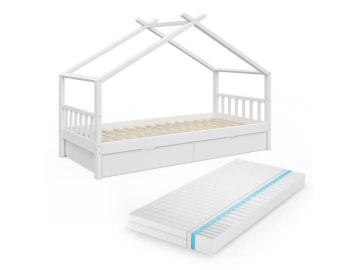 VitaliSpa Hausbett Design Weiß 90x200 cm mit 2 Schubladen und Matratze, Holz, Rechteckig, 90x200 cm, Baby- und Kindermöbel, Kinderzimmer & Jugendzimmer, Kinderbetten, Hausbetten