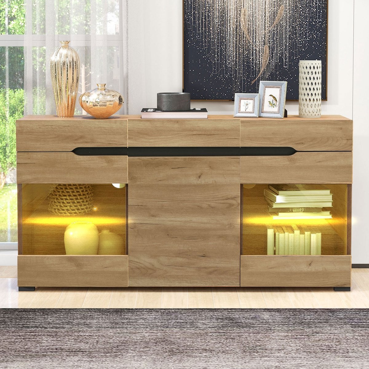 Zubaliya Sideboard in houtkleur met 3 deuren, 3 laden, LED-verlichting via app en USB-voeding