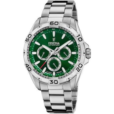 Multifunktionsuhr FESTINA, silber (silberfarben, grün, silberfarben, grün, silberfarben), Armbanduhren, Herren, silberfarben, Armbanduhr, Quarzuhr, Herrenuhr, Edelstahlarmband,bis 10bar wasserd.