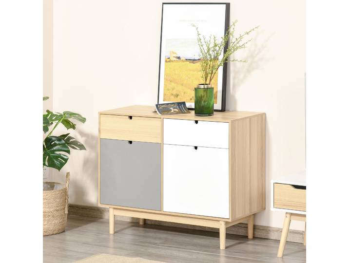 HOMCOM Buffet Cuisine Bois Blanc Gris Clair 2 Placards