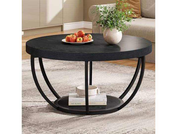 Tribesigns Couchtisch rund Ø80 cm, Industrial 2-Tier-Kreis Couchtisch mit Stauraum, Holztisch Akzent Mitte Tisch Sofa Beistelltisch für Wohnzimmer, Home Office, Schwarz