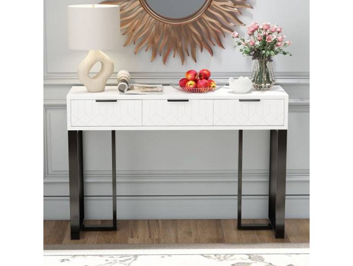 Table console - JAERLIUB - Blanc+noir - Structure dorée - Tiroirs - Repose-pieds réglables