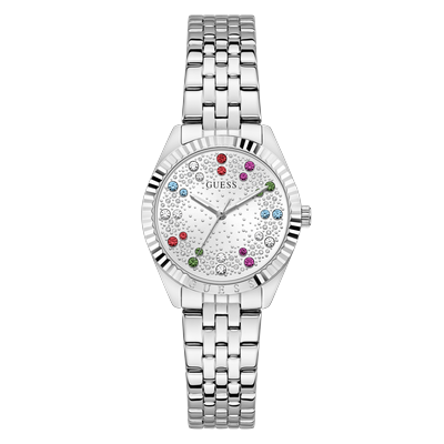 Quarzuhr GUESS "ADELAIDE", bunt (silberfarben), Armbanduhren, Damen, Quarzuhr, Armbanduhr, Damenuhr, Edelstahlarmband, analog