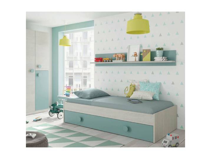 Dmora - Lit enfant Aqua 201 x 98 x h 43 cm blanc vert aqua Panneau effet bois