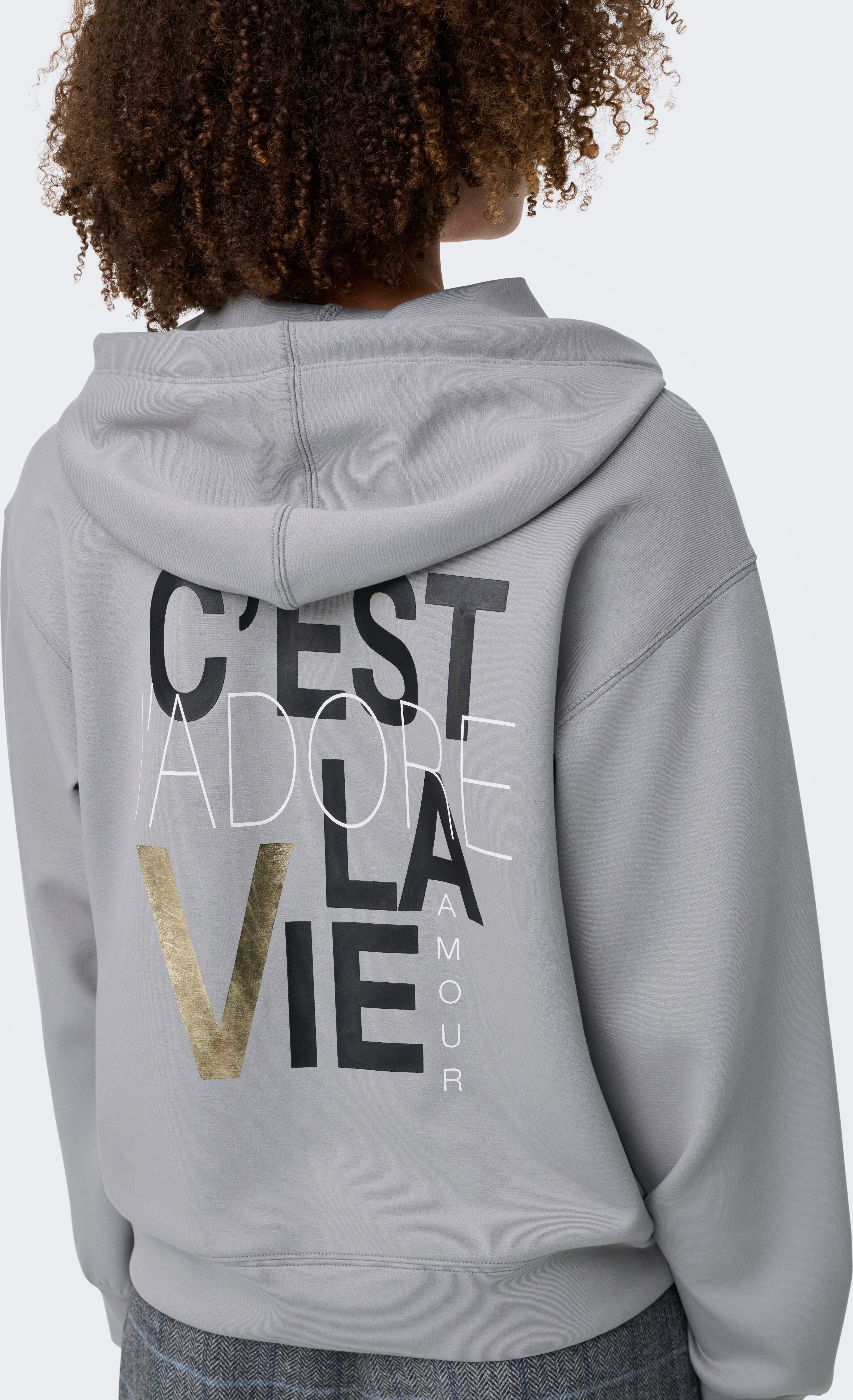 Kapuzensweatshirt ONLY "ONLALINA LIFE L/S PRINT HOOD SWT", Damen, Gr. S, ultimate grau print:jadore, Sweatware, Obermaterial: 93% Polyester, 7% Elasthan, bedruckt, regular fit, Rippbündchen, Sweatshirts Kapuzensweatshirt ultimate grau print:jadore S
