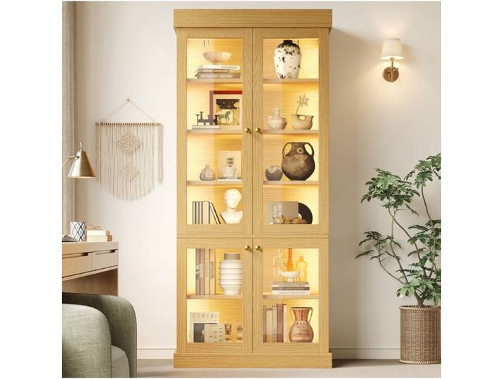 WUVRIE Vitrine haute 80 x 40 x 180 cm avec LED intégrée 4 portes vitrées aspect bois naturel