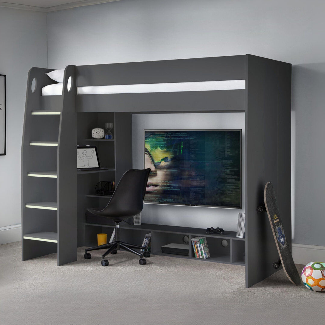 Mack + Milo Aisha Single (3') High Sleepers Bed Frame with Storage Included with Built-in Ladder Included with Desk Included Anthracite UK Single - DE 90 x 190 cm