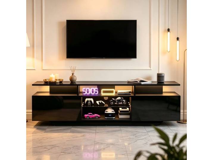 Meuble TV 160x40x45 cm support TV 2 compartiments meuble de salon laqué brillant avec LED 8 étagères compatible TV 70 pouces noir