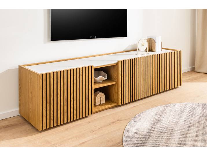 Design Lowboard VICENZA 180cm weiß Keramik natur Eiche Lamellenfront