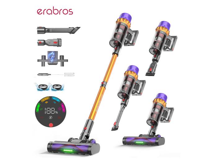 Erabros EV5 550W 70KPA Aspirateur sans fil, puissance d'aspiration ultra-forte, autonomie de 80 minutes, aspirateur intelligent portable, 4 modes, Batterie amovible