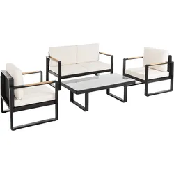 Happy Home 12tlg. Gartenmöbel Lounge-Set mit Sofa & Coffee Table aus Aluminium - Schwarz mit Teakholz