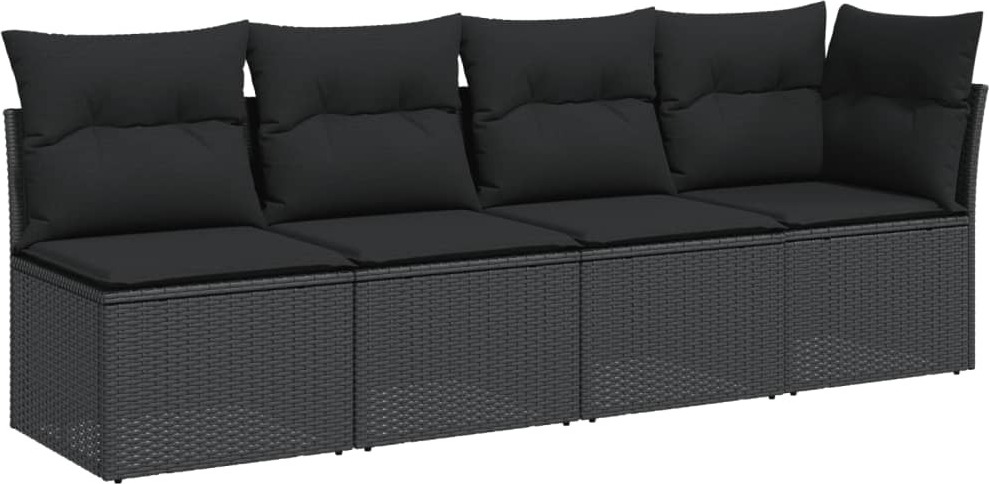 Gartensofa, 4-Sitzer, Polyrattan Schwarz, modular, mit abnehmbaren & waschbaren Kissen, UV-beständig, 227x62x69 cm