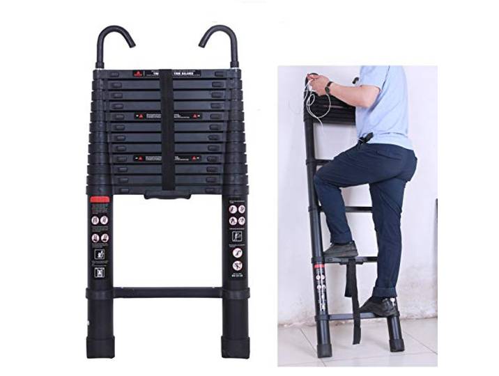 Autofather Teleskopleiter mit 3,8 m und abnehmbarem Haken, Aluminium-Dachbodenleiter, ausziehbare Dachbodenleiter, maximale Belastung 150 kg, nach Norm EN131