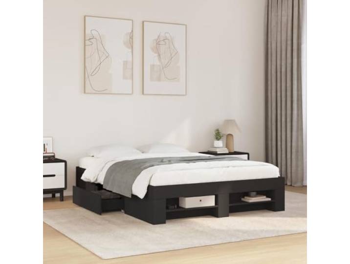 RJPLMFV Bettgestell, Schwarz, 135 x 190 cm, Holz Lattenrost inklusive, Aufbewahrungsschubladen, glatte Oberfläche, feuchtigkeitsbeständig