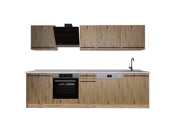Vicco Küchenzeile R-Line, Artisan-Eiche/Goldkraft Eiche, 280 cm Arbeitsplatte Marmor