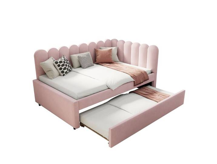 VLIVRA Lit Gigogne Lit Double d'Angle 140×200 cm - Banquette avec Dossier Fleur - sans Matelas - Velours Rose