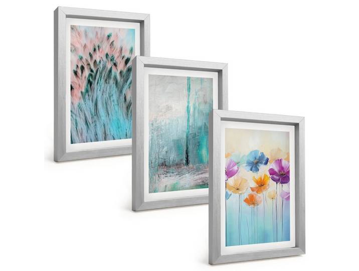 BILDER SET 3er Set - 20x30 cm Silberner Rahmen - Hintergrundmuster mit Pastellblumen
