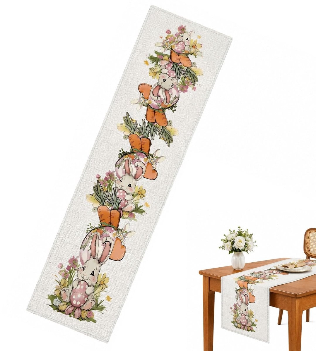 Linnen tafelloper met konijntjes en bloemen voor Pasen, 183 x 33 cm