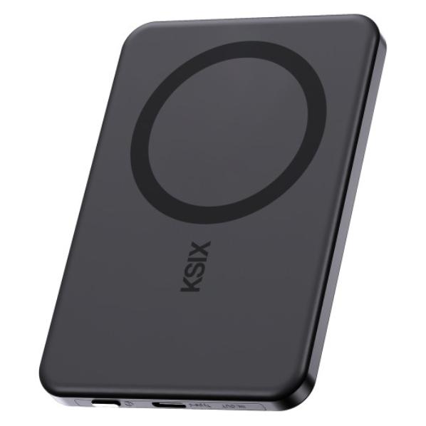 KSIX Powerbank Magslim 5000 mAh, magnetisch, USB-C, PD 20 W, digitale Anzeige, schwarz (5000 mAh, 20 W) (KSIX)