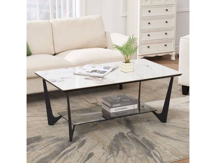 chairus Table Basse Rectangulaire avec Plateau Marbré Table de Salon Moderne avec Étagère de Rangement pour Bureau Chambre Blanc