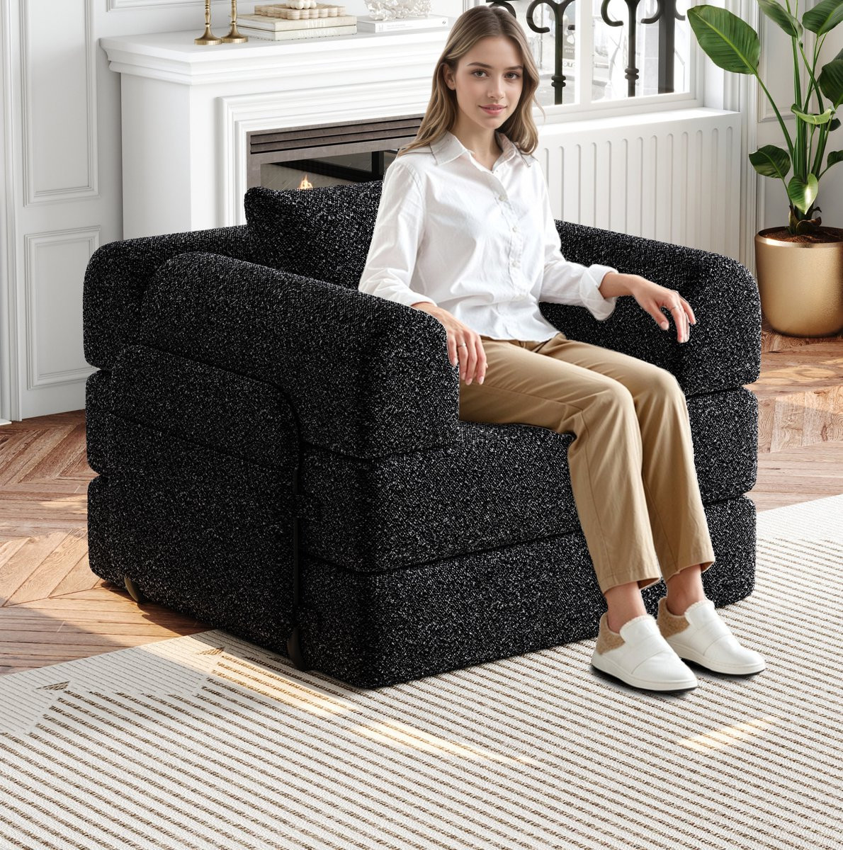 FloraGrace Slaapbank – 1-Zits Chenille Relaxbank met Slaapfunctie en Opbergruimte in Armleuning, Zwart