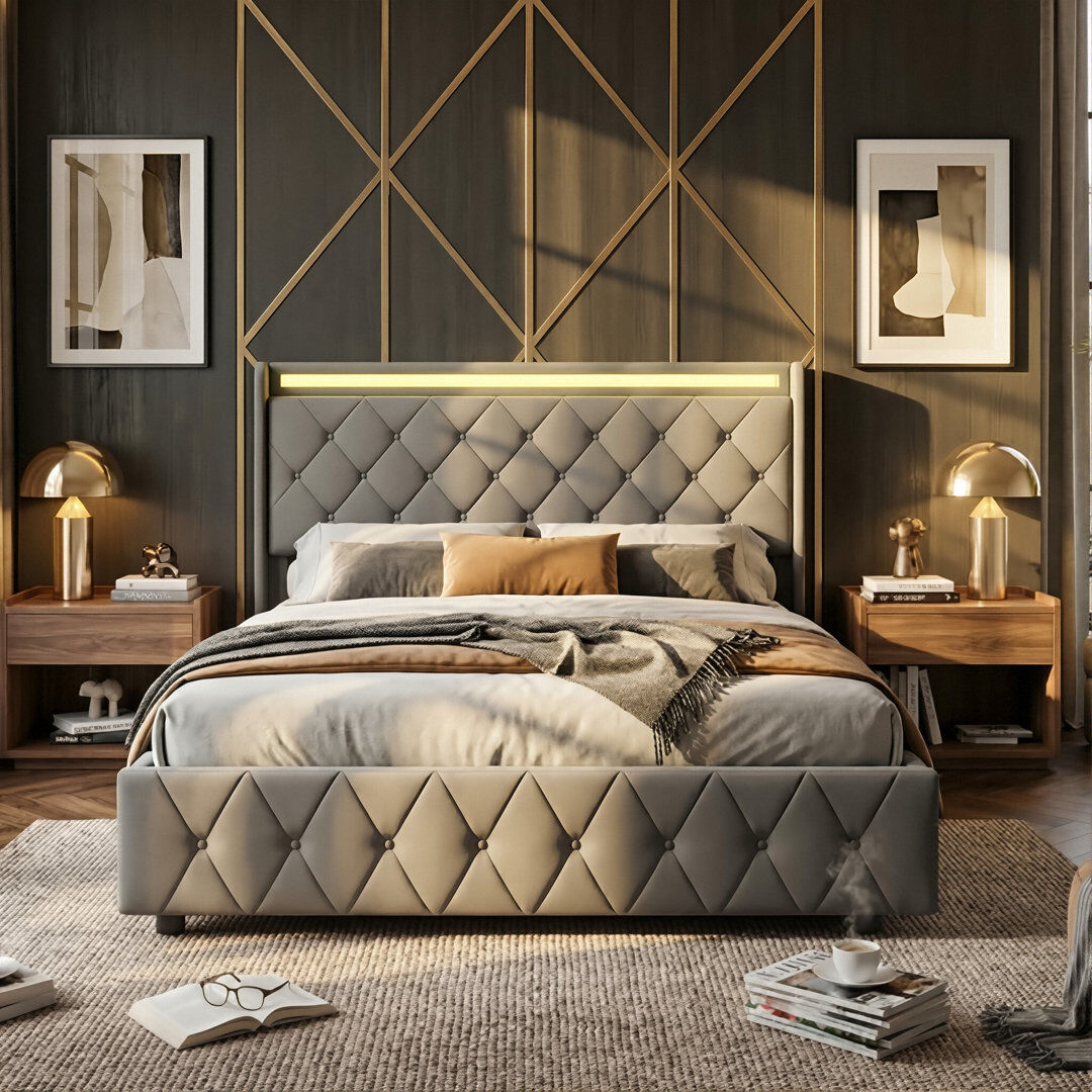 Ivy Bronx Smart Velvet Bed Frame with LED Charging Headboard, Tufted Upholstered Frame with Storage Drawers, Grey/Beige in Multiple Size (EU Single, Double & Ki Grey European Kingsize (160 x 200 cm)