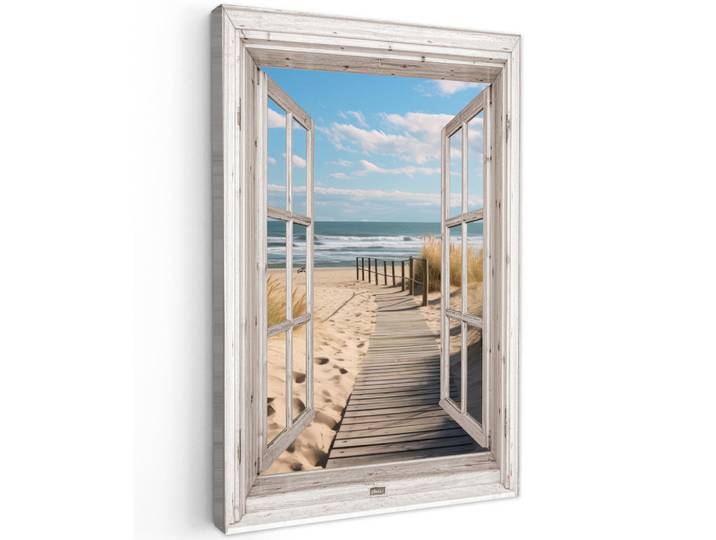 MuchoWow Leinwandbild Fenster - Meer - Küste - Natur - Ausblick - Strand - Wattenmeer Deko Groß 90x140 cm, Beige, Kiefer, Rechteckig, 90x140 cm, gerahmt, Bilder & Rahmen, Bilder, Leinwandbilder