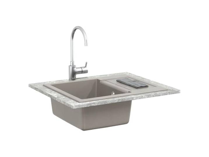 Küchenspüle, rechteckig, Grau, 620 x 500 mm, Granit, 80 % Quarz, 20 % Einzelwanne, Einbaumontage, Ablaufgarnitur mit Siebkorbventil, schmutz- und kratzfest, innen