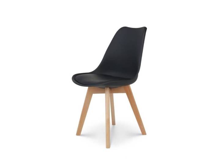 Chaise style scandinave VICTOIRE - Coque en résine noire rembourrée et pieds en bois naturel