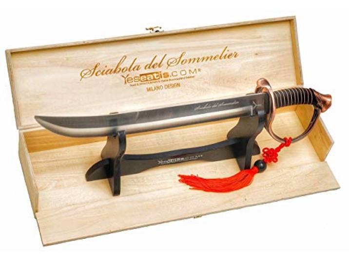 YesEatIs - Champagnersäbel für Sommelier mit Holzvitrine - bronzefarbener Griff - 2 Zierbänder inklusive