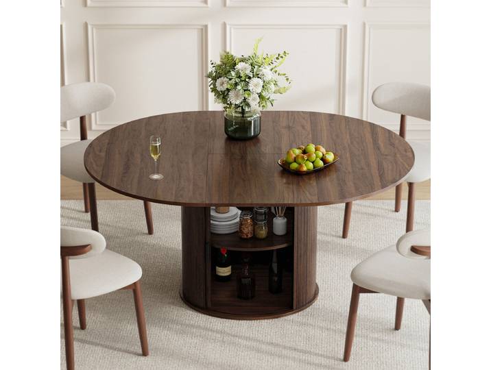 Table Extensible 6 Places En Bois Avec Rangement Intégré\, Plateau Rabattable Et Pied Design\, Noyer Foncé