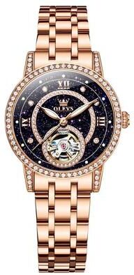 Everyday Crate OLEVS 7036 Womens Mechanical Watch Starry Sky Skeleton Dial Luminous Stainless Steel Dress Watch rose Gold Black