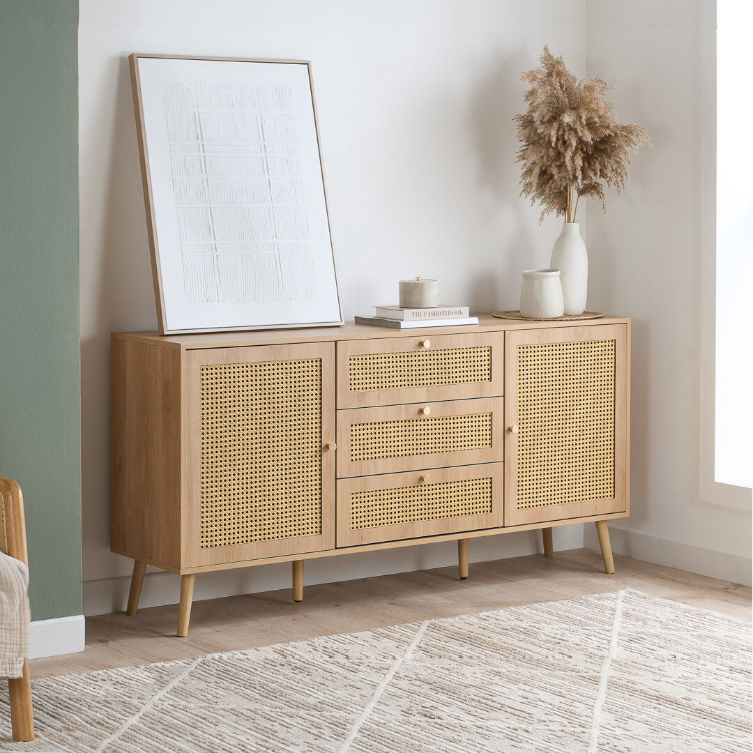 Latitude Run Noemi Rattan 2 Door 3 Drawer Sideboard 160CM Width OAK 80cm H X 160cm W X 40cm D