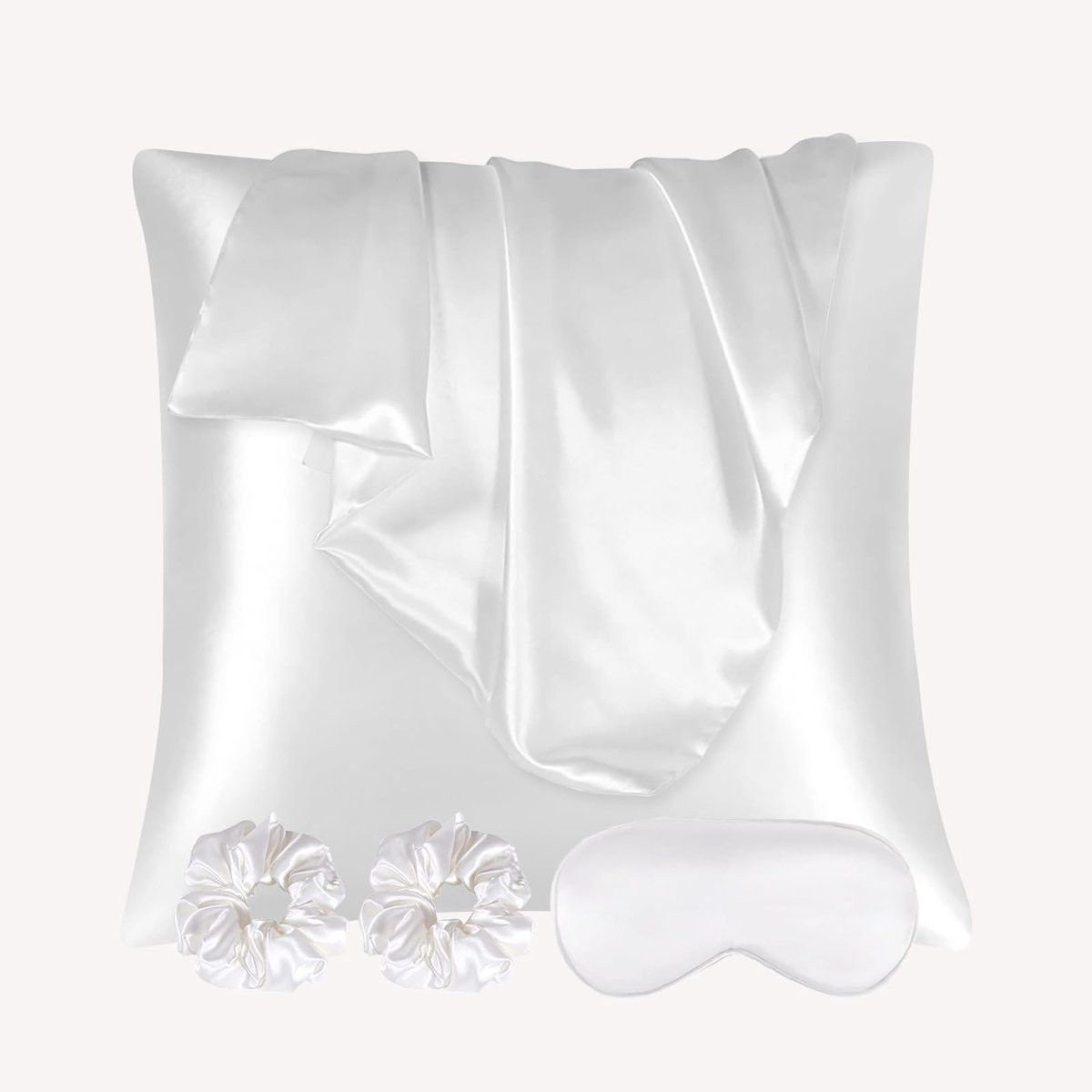 SnelShoppen Satin Kussenslopen voor Haar 2-Pack met Haarbanden en Oogmasker, Wit, 65x65 cm