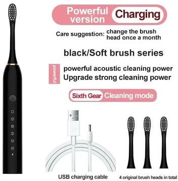 Inspired Living Ultrasonic Electric Toothbrush With 6 Cleaning Modes, USB Rechargeable & Waterproof black